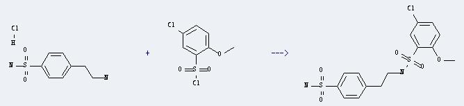 Benzenesulfonylchloride, 5-chloro-2-methoxy- can react with 4-(2-amino-ethyl)-benzenesulfonamide; hydrochloride to produce [β-(chloro-5 methoxy-2 benzenesulfonamido)-ethyl]-4 benzenesulfonamide